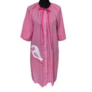 Models Coat L/XL Pink White‎ Gingham Plaid House Coat House Dress Bird VTG